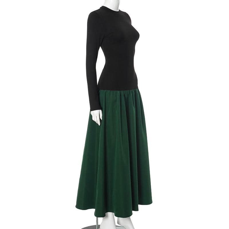 Long sleeve crewneck patchwork ruched maxi dress