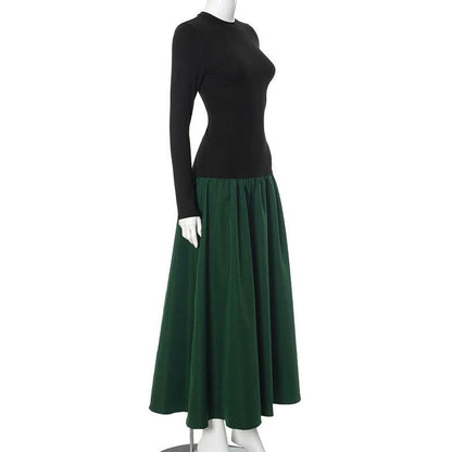 Long sleeve crewneck patchwork ruched maxi dress