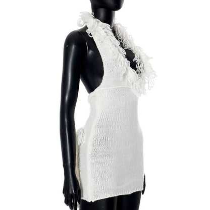 Halter self tie tassels knitted backless mini dress
