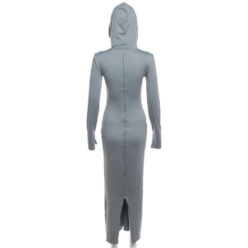 Stitch hoodie solid long sleeve slit maxi dress-final-sale
