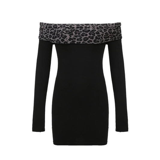 Off shoulder long sleeve leopard print mini dress