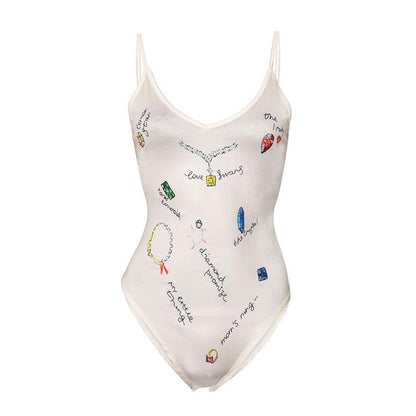 V neck backless print cami bodysuit