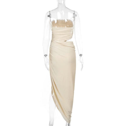 Ruched irregular hollow out solid tube cut out maxi dress