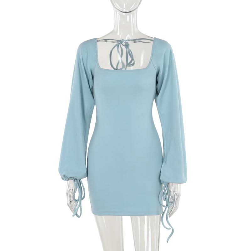 Long sleeve u neck self tie backless mini dress