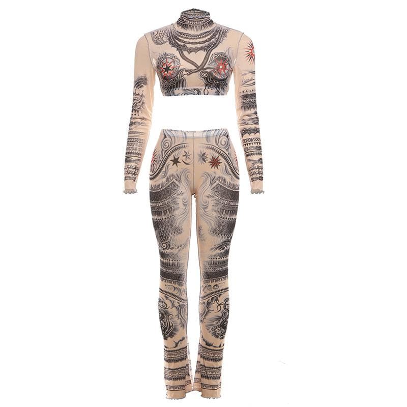 Long sleeve print high neck ruffle crop sheer mesh pant set