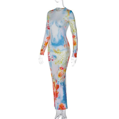 Long sleeve crewneck flower print contrast maxi dress-final-sale