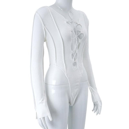 Hollow out solid long sleeve button lace up bodysuit