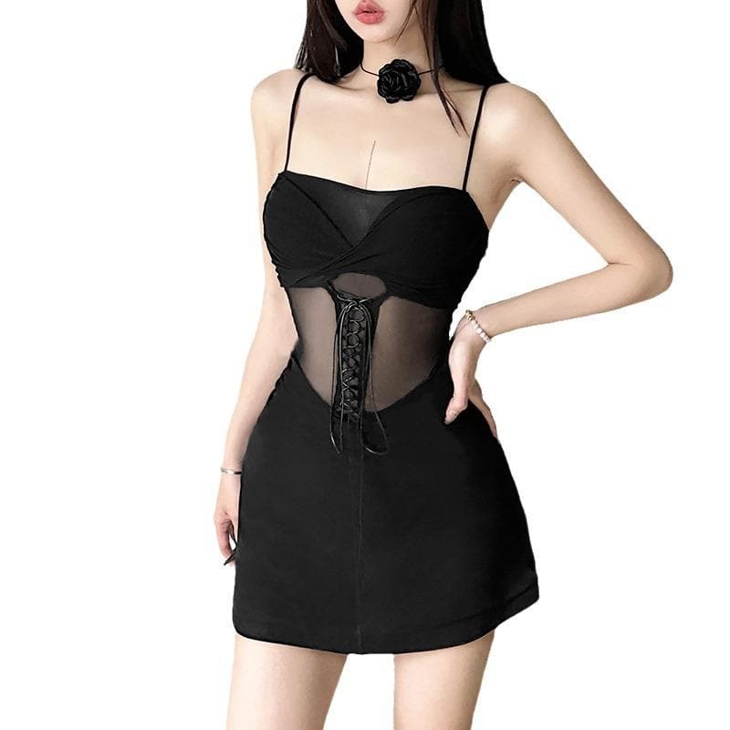 Mesh ruched lace up cami mini dress
