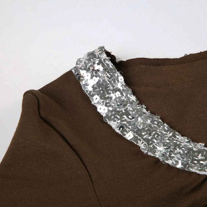 Long sleeve glitter hollow out cut out top