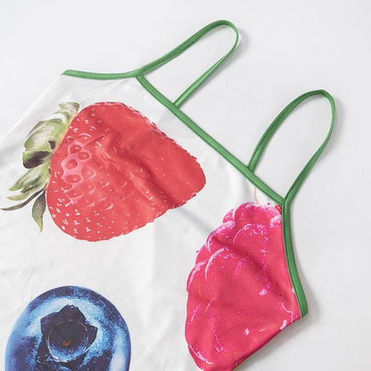 Square neck fruit print slit cami mini dress