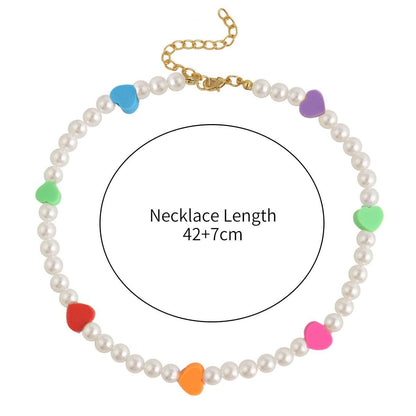 Faux pearl heart beaded multicolor clay necklace