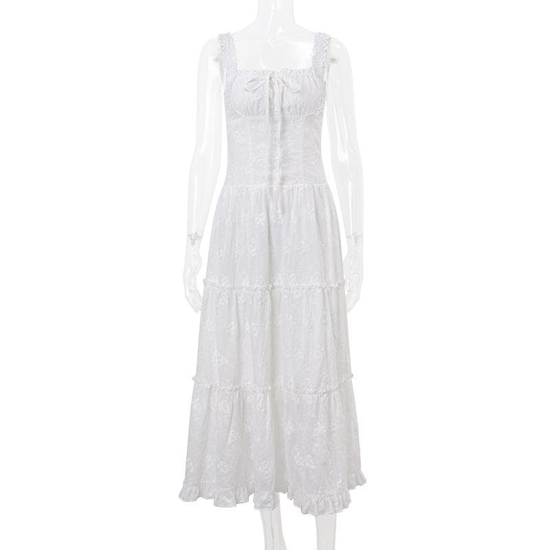 Drawstring ruched ruffle textured cami midi dress