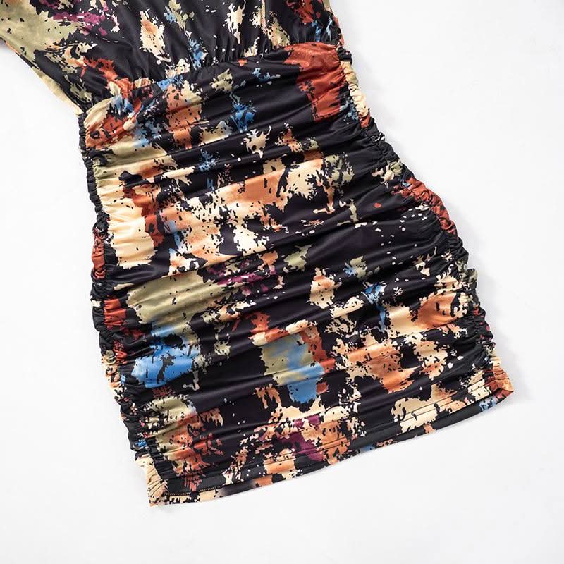 Long sleeve ruched tie dye print crewneck mini dress