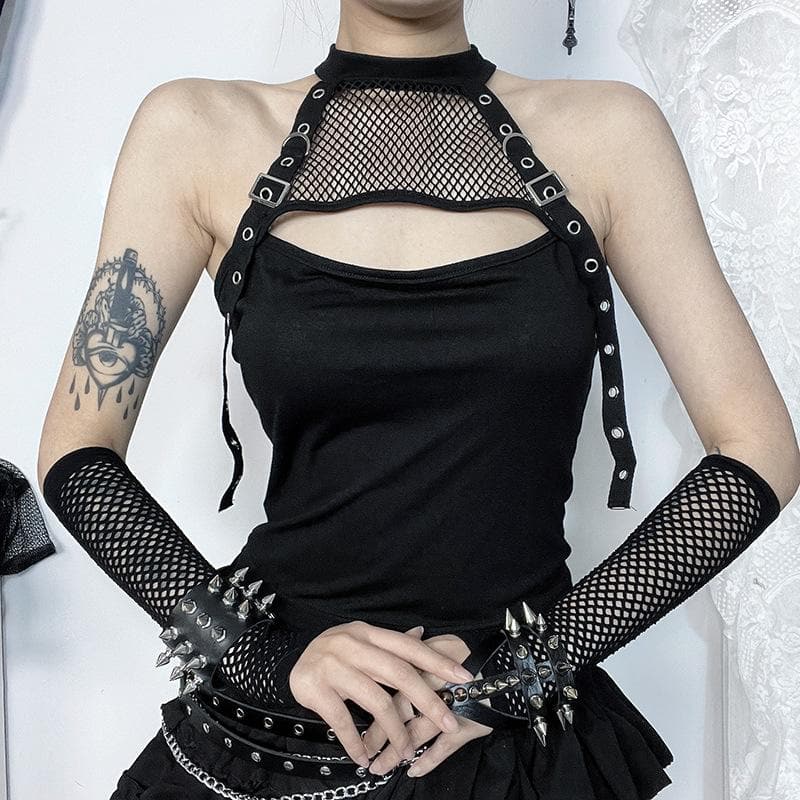 Fishnet gloves patchwork hollow out cut out top