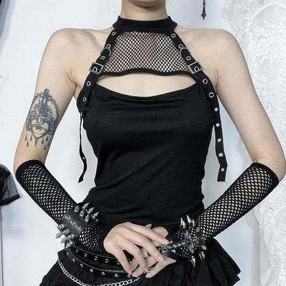 Fishnet gloves patchwork hollow out cut out top
