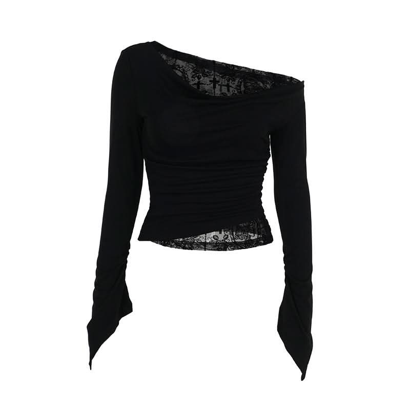 Off shoulder long flared sleeve mesh patchwork top