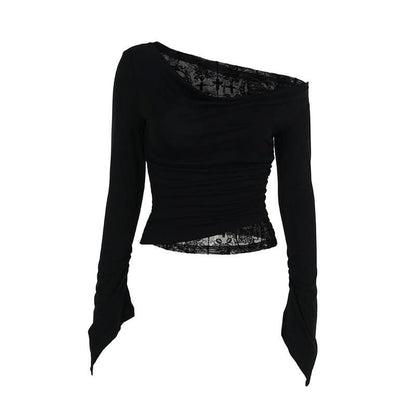 Off shoulder long flared sleeve mesh patchwork top