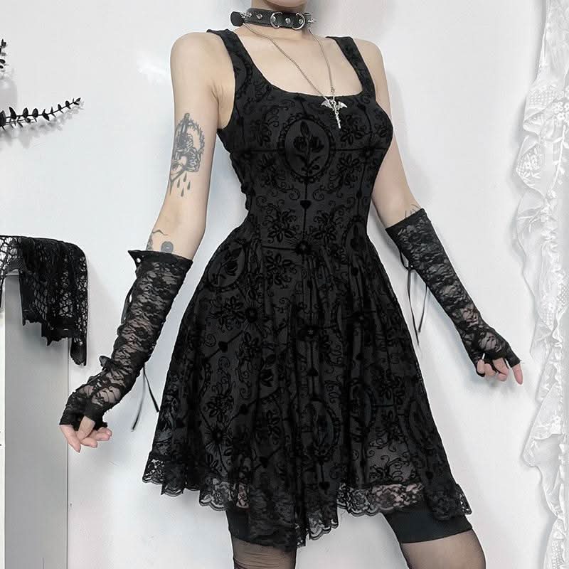 Lace hem ruched square neck print mini dress