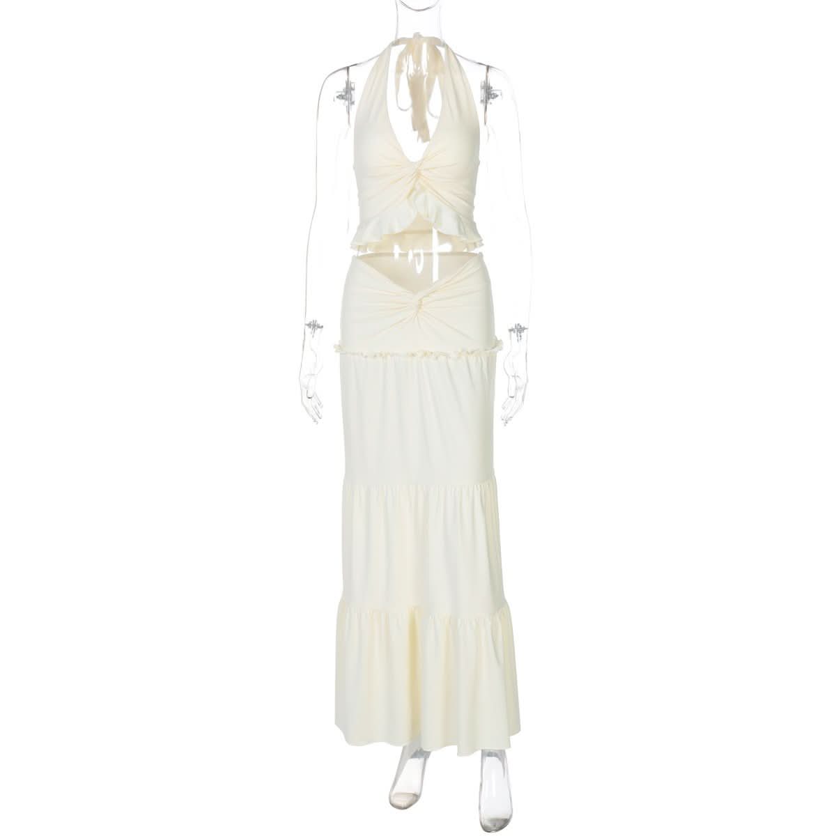 Halter v neck ruffle ruched maxi dress skirt set