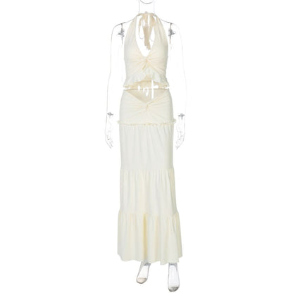 Halter v neck ruffle ruched maxi dress skirt set