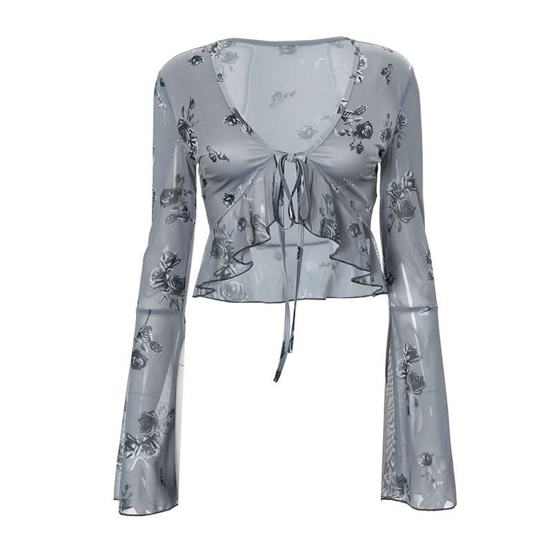 Long flared sleeve v neck self tie ruffle flower print top