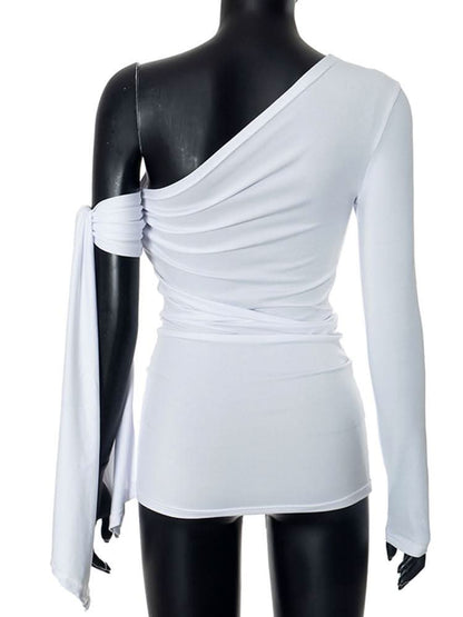Irregular long sleeve chain print one shoulder top