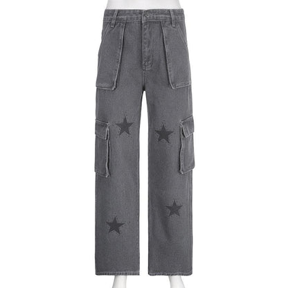 Contrast denim star pattern zip-up pocket jeans