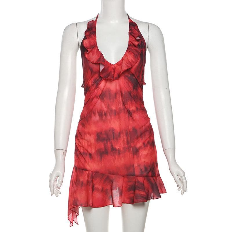 Halter ruched tie dye ruffle backless mini dress