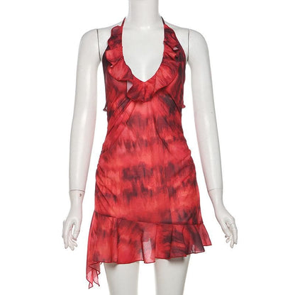 Halter ruched tie dye ruffle backless mini dress