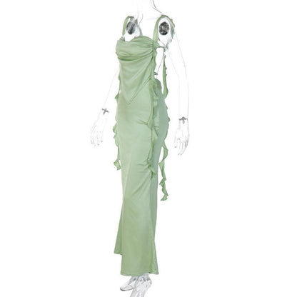 Cowl neck satin backless ruffle cami maxi dress