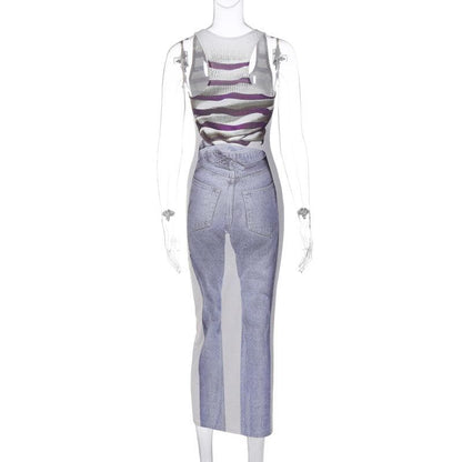 Tank Print Trompe Loeil Denim Graphic Bodycon Maxi Dress