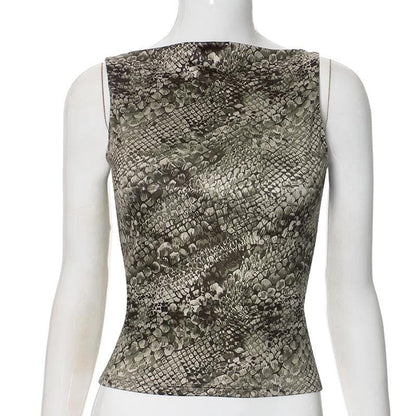 Snakeskin print round neck sleeveless top