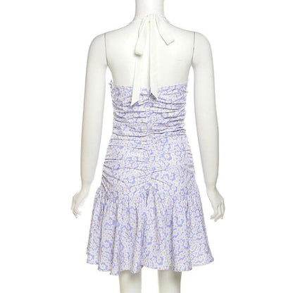 Flower print contrast ruched ruffle halter backless zip-up mini dress-final-sale