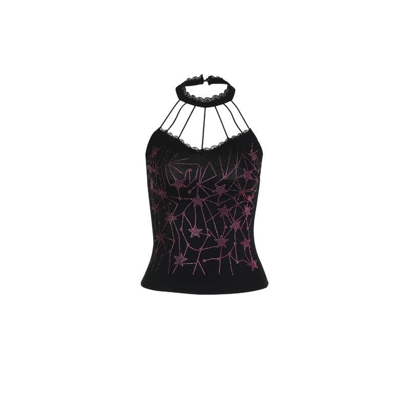 Halter beaded lace hem backless top