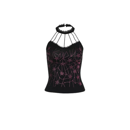 Halter beaded lace hem backless top