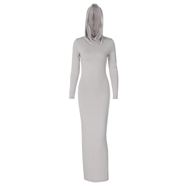 Hooded Long Sleeve Cowl Neck Side Slit Bodycon Maxi Dress