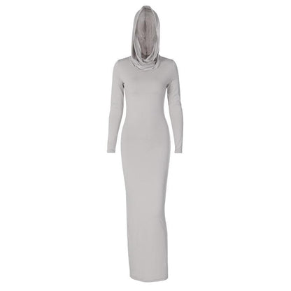 Hooded Long Sleeve Cowl Neck Side Slit Bodycon Maxi Dress