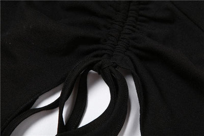 Mesh hollow out slit drawstring long sleeve halter self tie crop cut out top