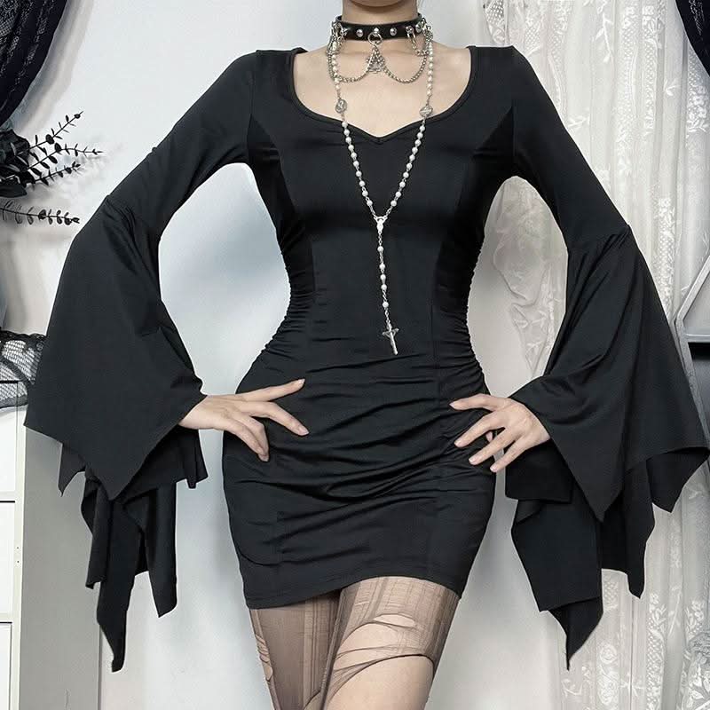 Ruched long flared sleeve v neck solid mini dress