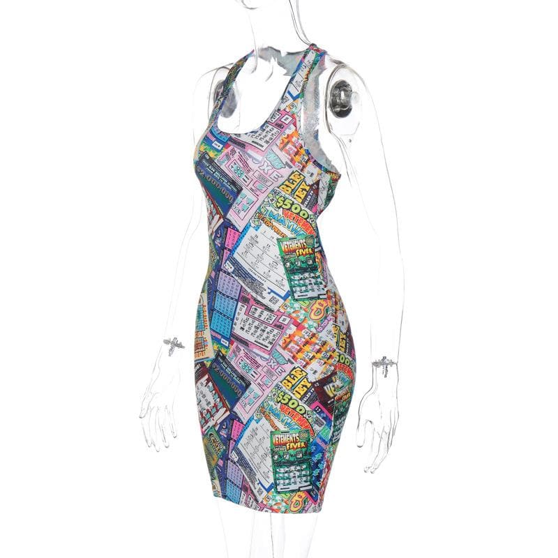 Lottery Ticket Print Scoop Neck Sleeveless Bodycon Mini Dress
