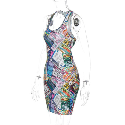 Lottery Ticket Print Scoop Neck Sleeveless Bodycon Mini Dress