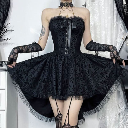 Sweetheart neck lace hem ruffle button mini dress