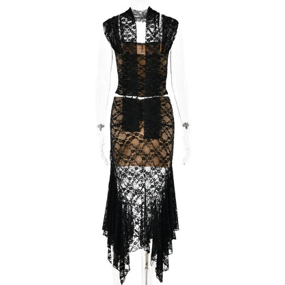 Cap sleeve lace ruffle ruched midi skirt set- Final Sale