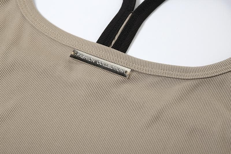 U neck metal tag ribbed cami maxi dress