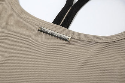 U neck metal tag ribbed cami maxi dress