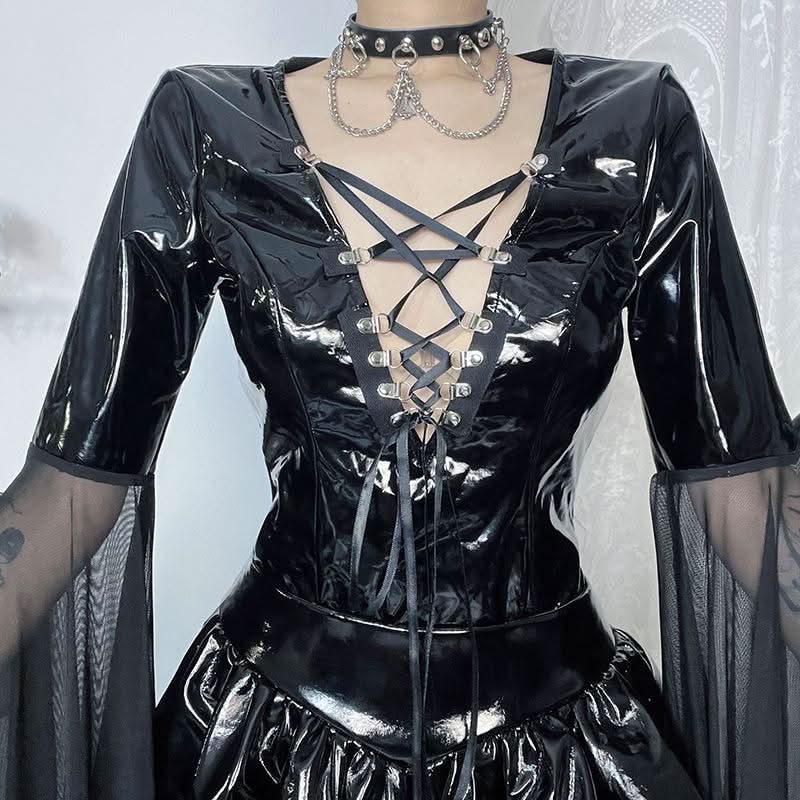 Long flared sleeve PU leather cross front bodysuit