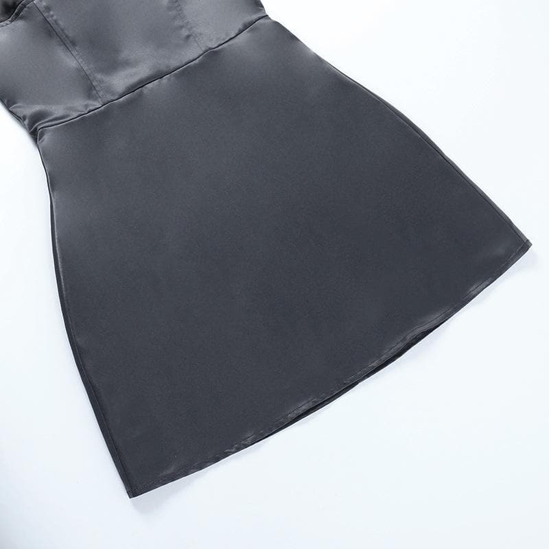 Sweetheart Ruffle Trim Zip Up Backless Satin Cami Mini Dress