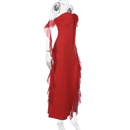 Ruched flower applique slit ruffle maxi dress