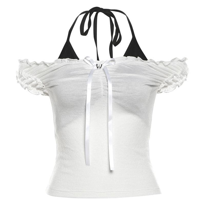 Off shoulder halter bowknot ruffle 2 piece top