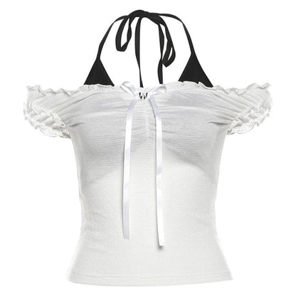 Off shoulder halter bowknot ruffle 2 piece top